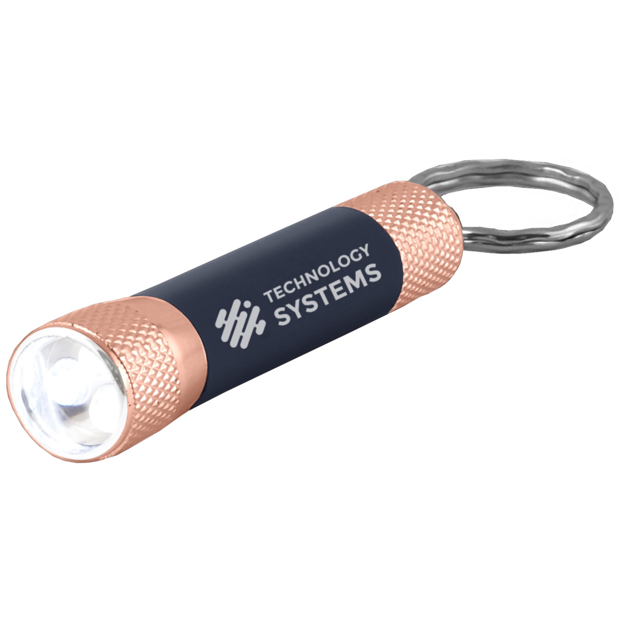 Custom Soft Touch 3 LED Flashlight Keychain with Rose Gold Trim Perfect Pen Canada